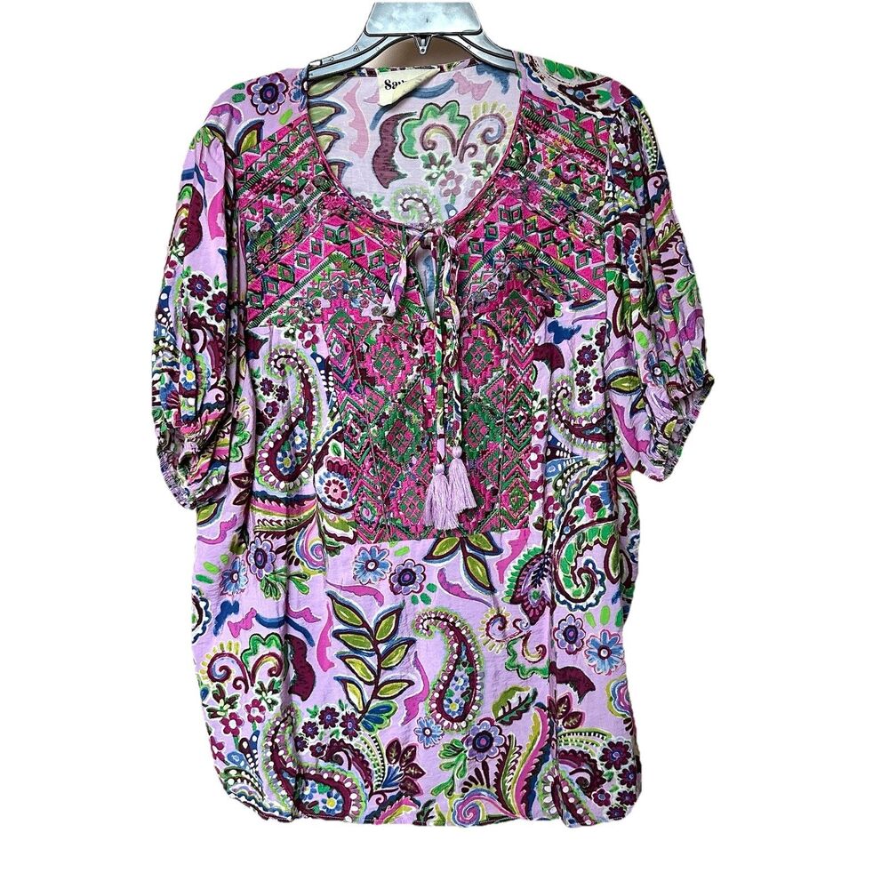 Savanna Jane Top Womens 2X Pink Blue Embroidered Western Whimsy Boho Paisley